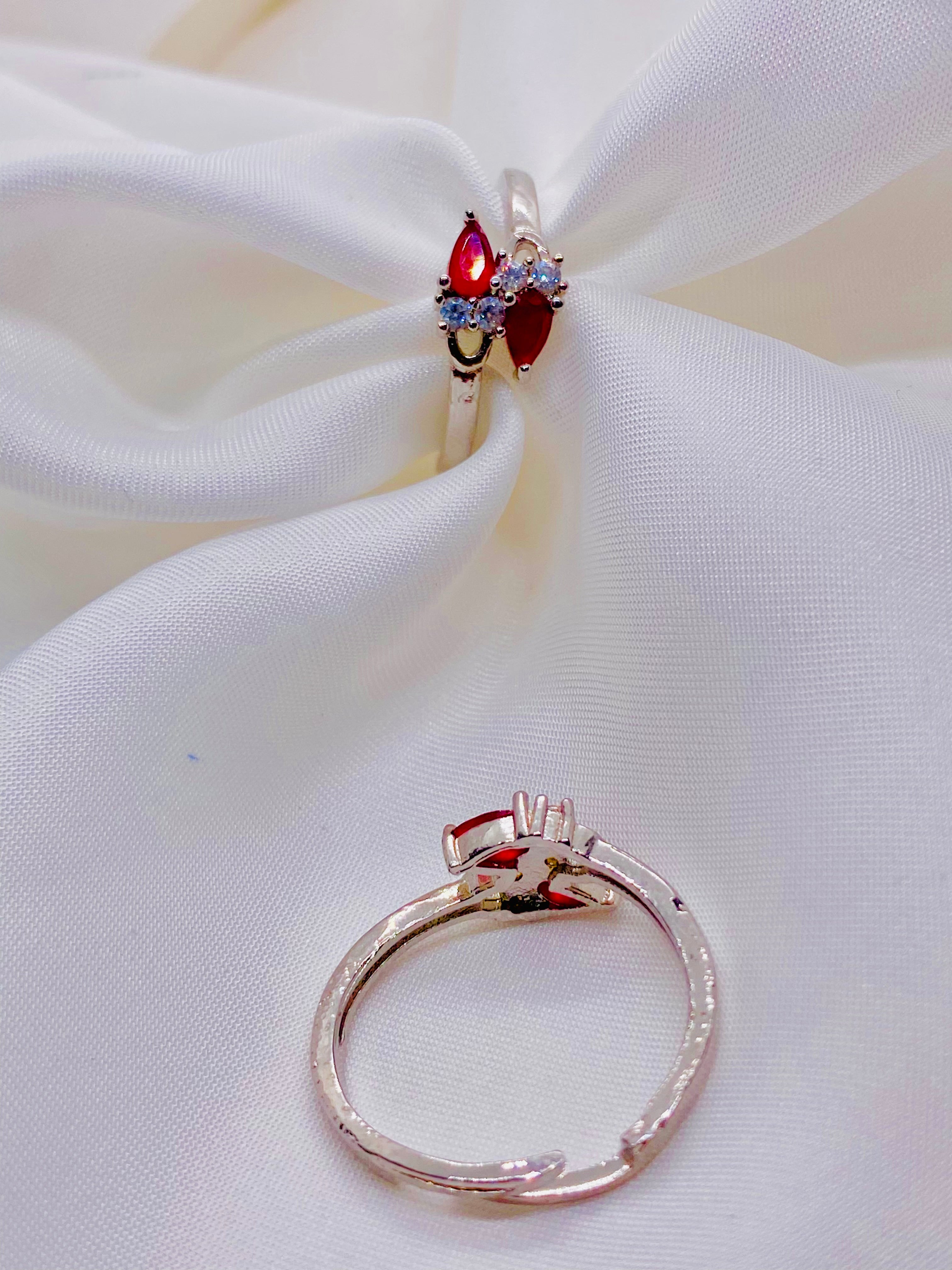 Elegant Ruby-Red Adjustable Couple Rings with Diamond Accents