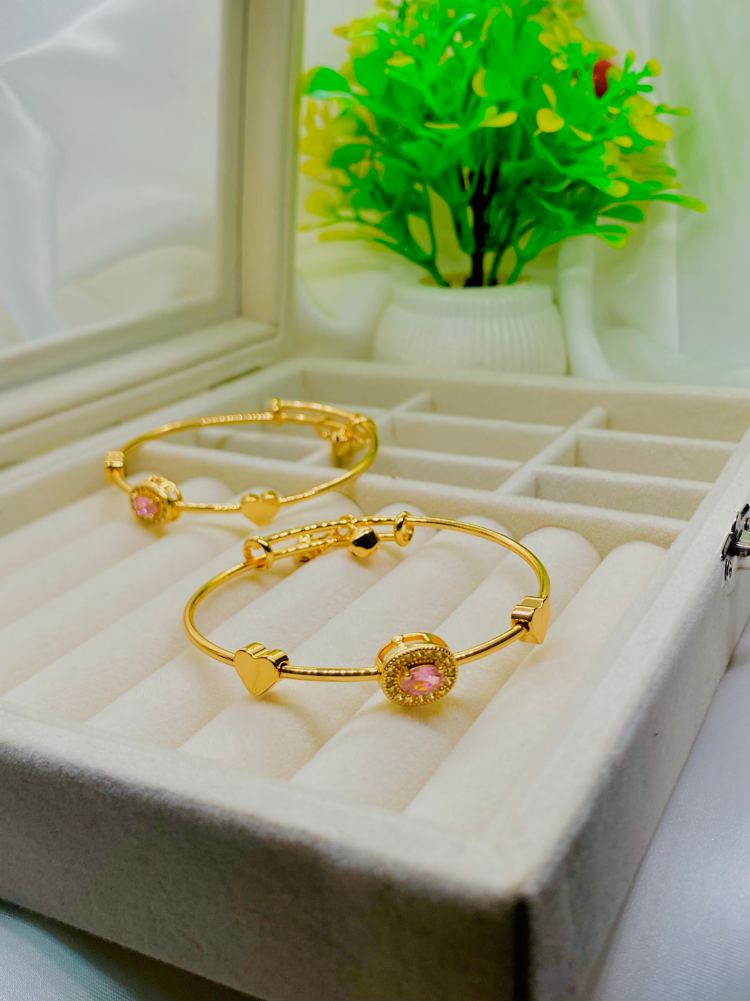 Elegant Gold Bangles with Pink Stone and Heart Charm