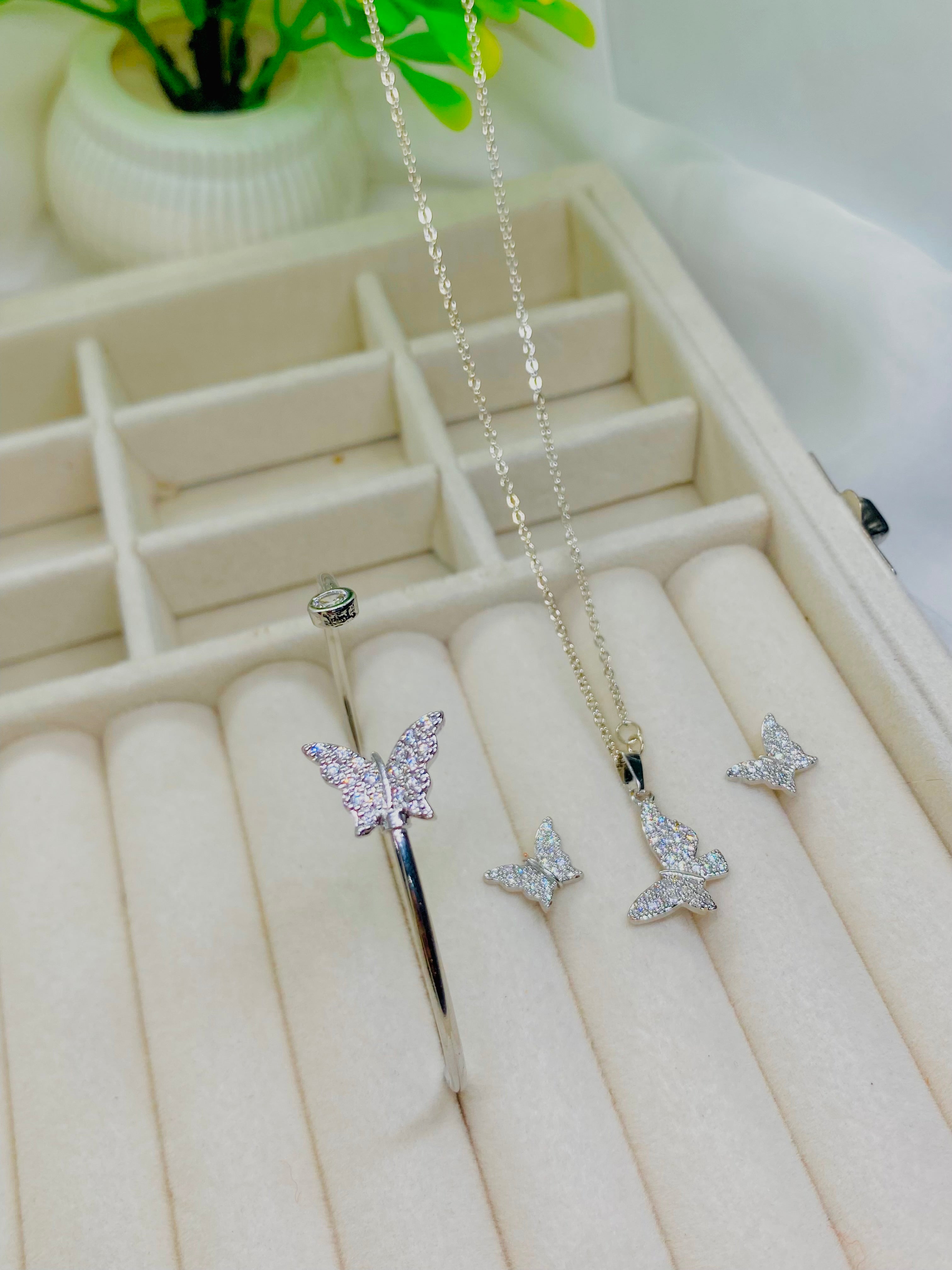 Elegant Silver-Plated Butterfly Pendant Set with Crystal Accents