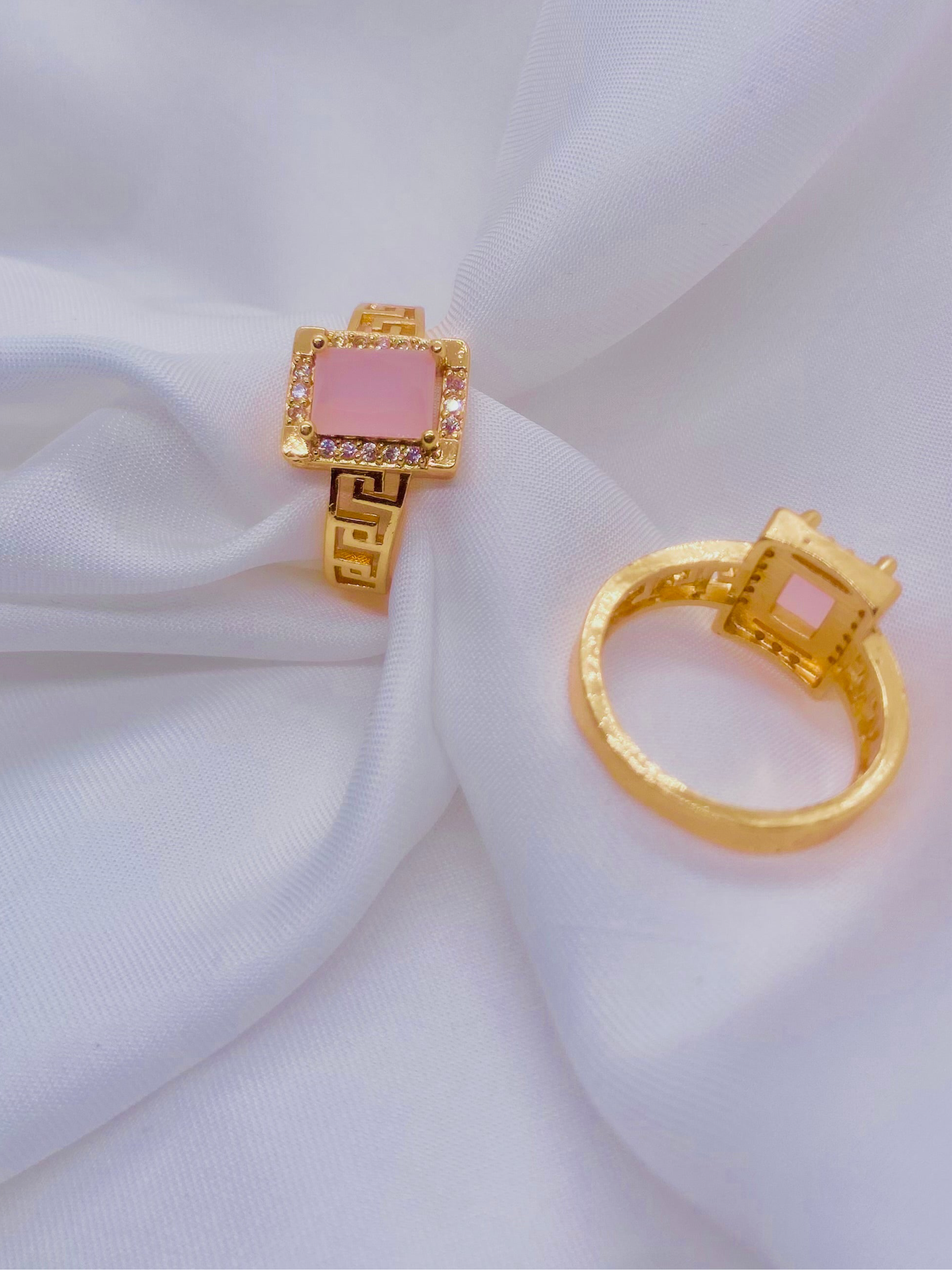 Elegant Gold-Plated Pink Stone Rings with Greek Key Design