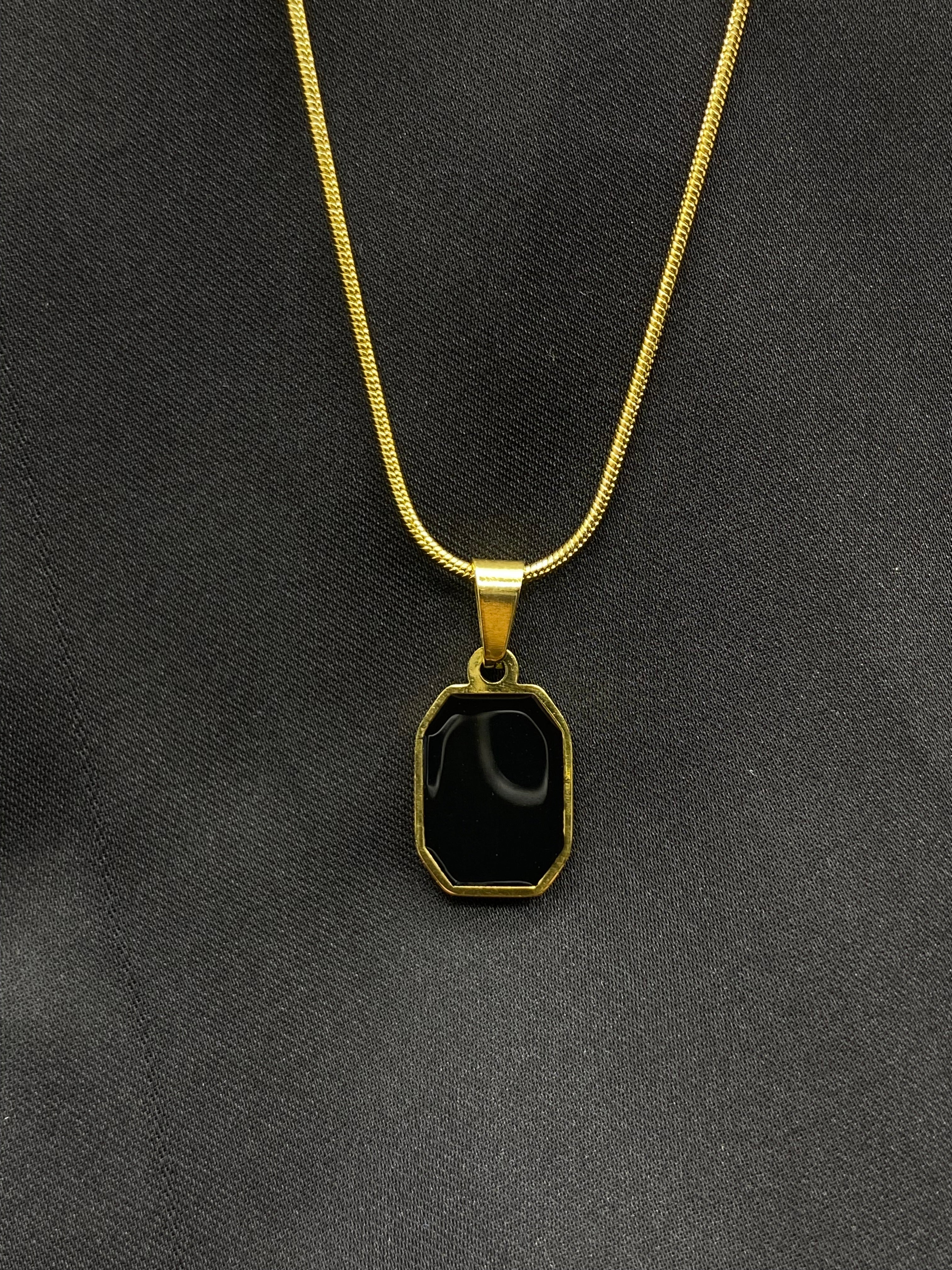 Classic Gold-Plated Rectangular Black Pendant Necklace