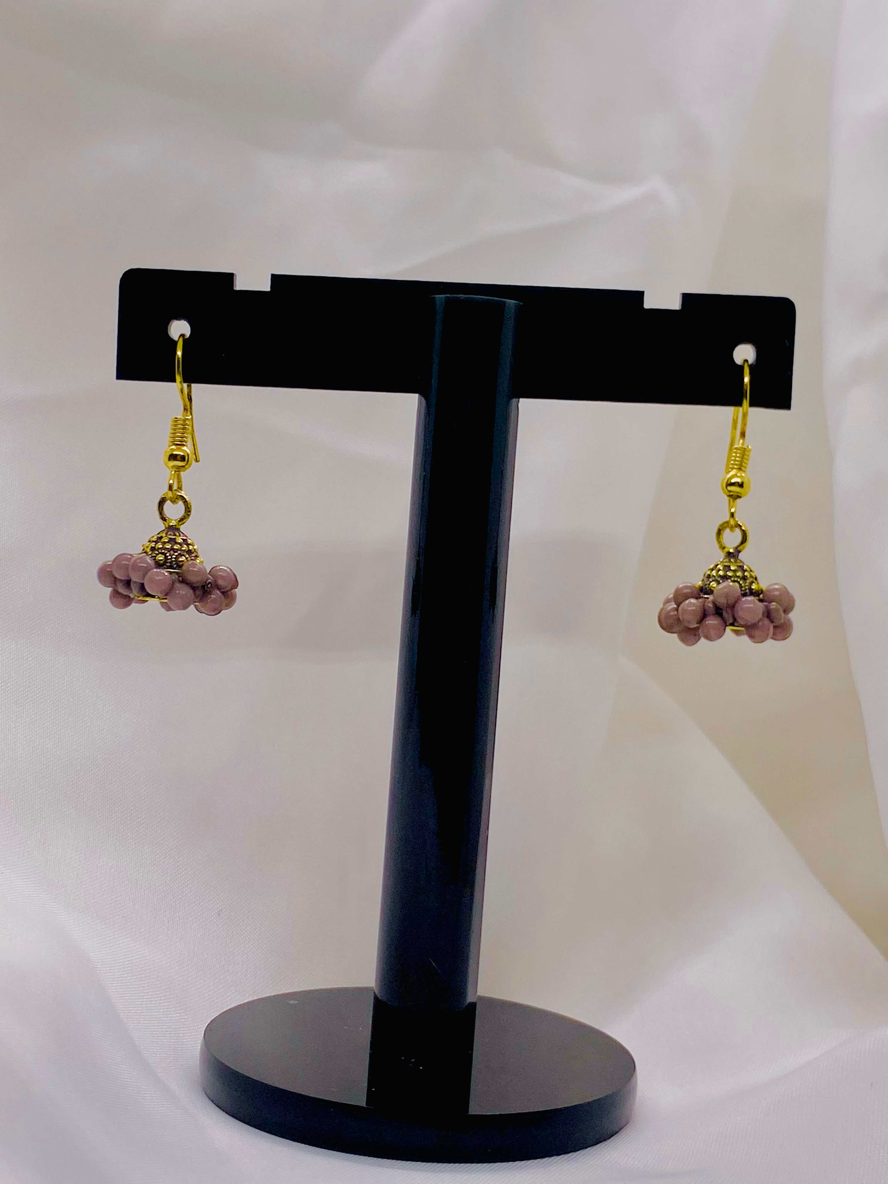 Antique Gold & Mauve Beaded Mini Jhumka Earrings