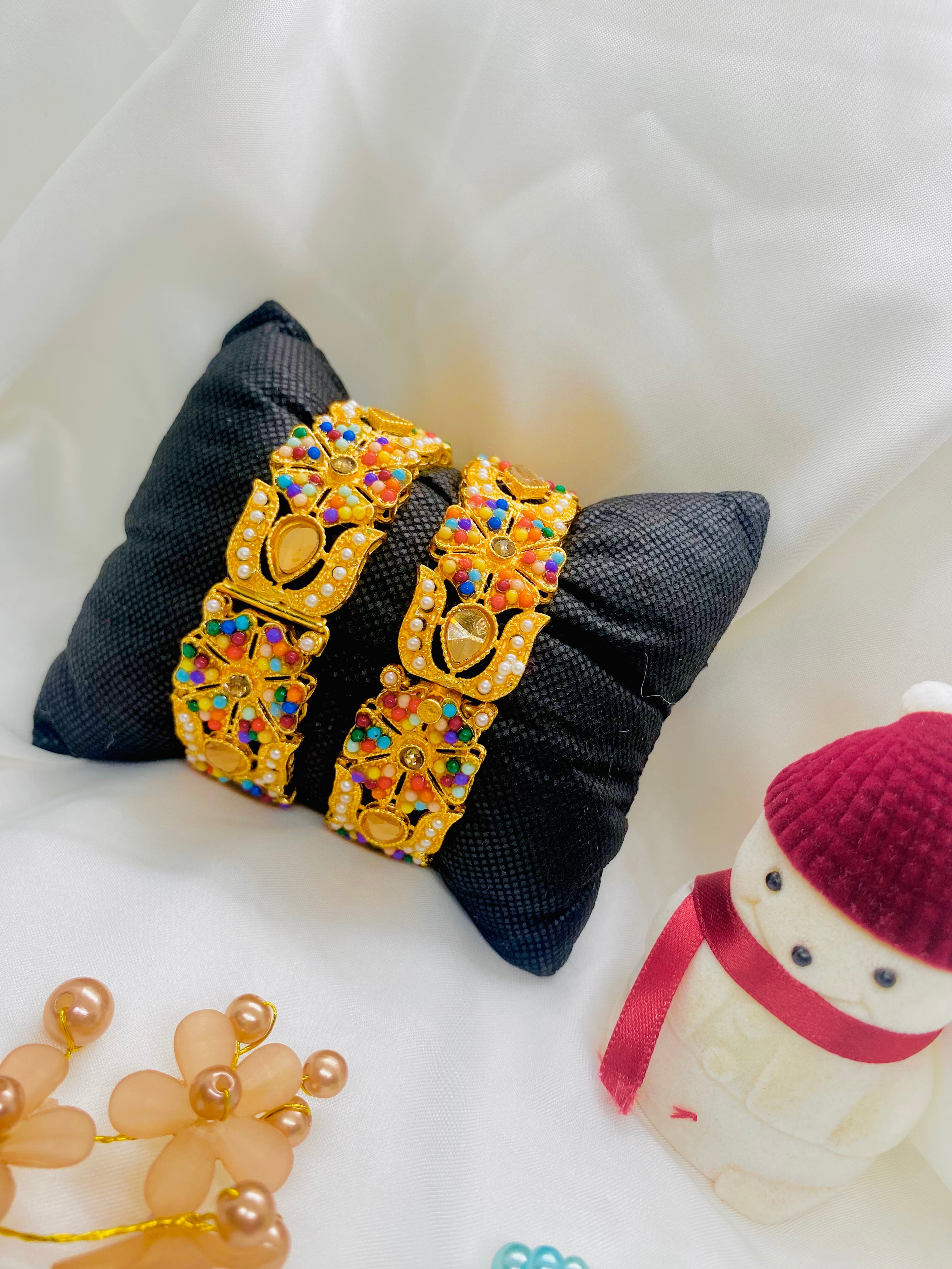 Traditional Gold-Plated Kundan Bangles with Multicolor Stones