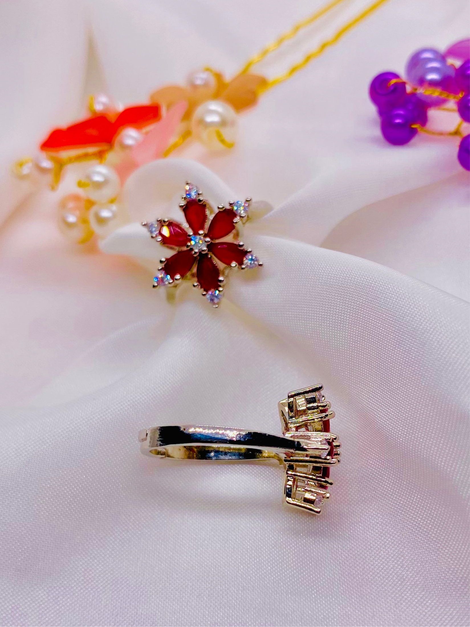 Charming Red Blossom Rings with Crystal Accents