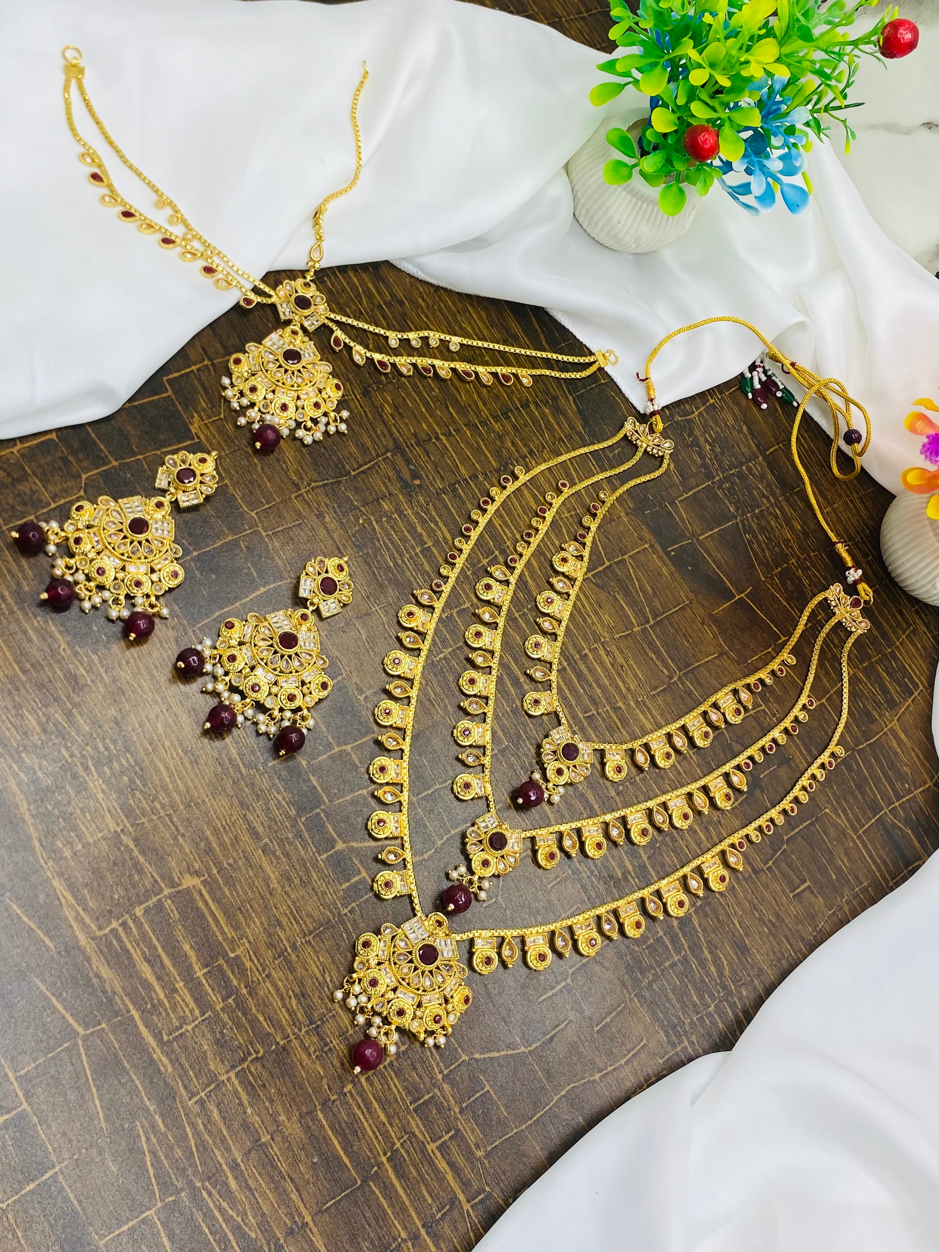 Antique Gold-Plated Bridal Temple Jewelry Set with Ruby Beads