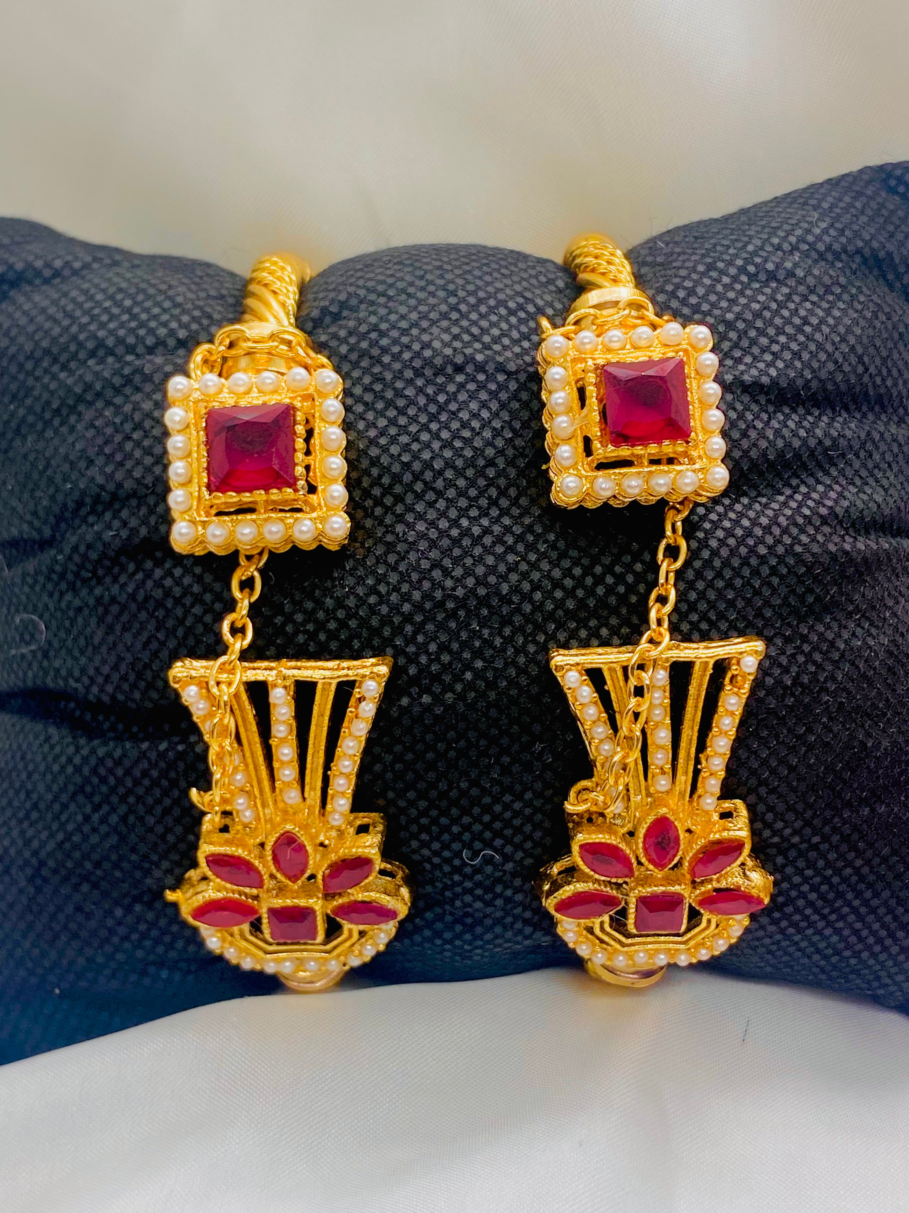 Royal Gold Earrings with Ruby Stones and Pearl Detailing
