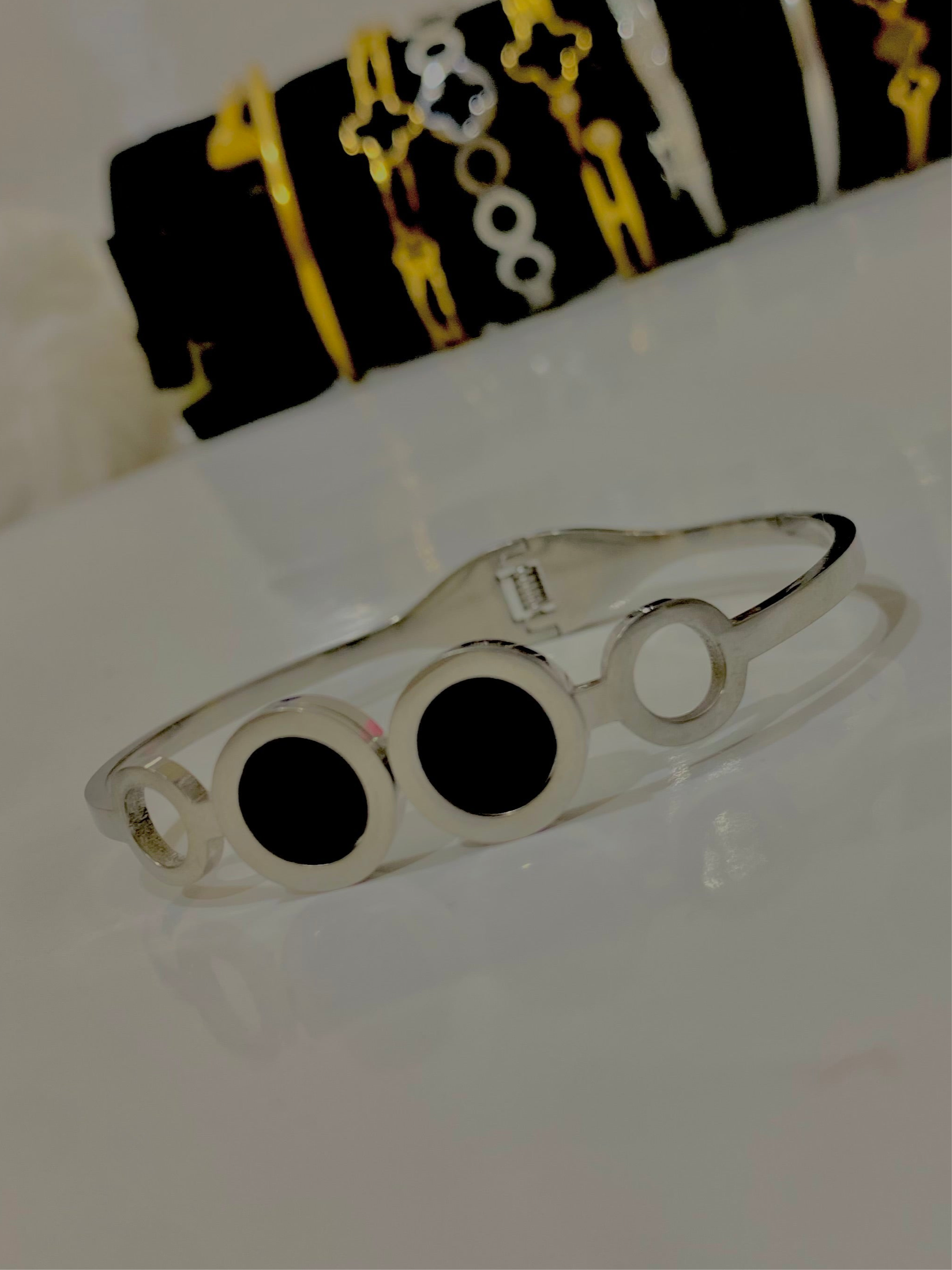 Elegant Silver and Black Circle Bracelet with Matching Bangles