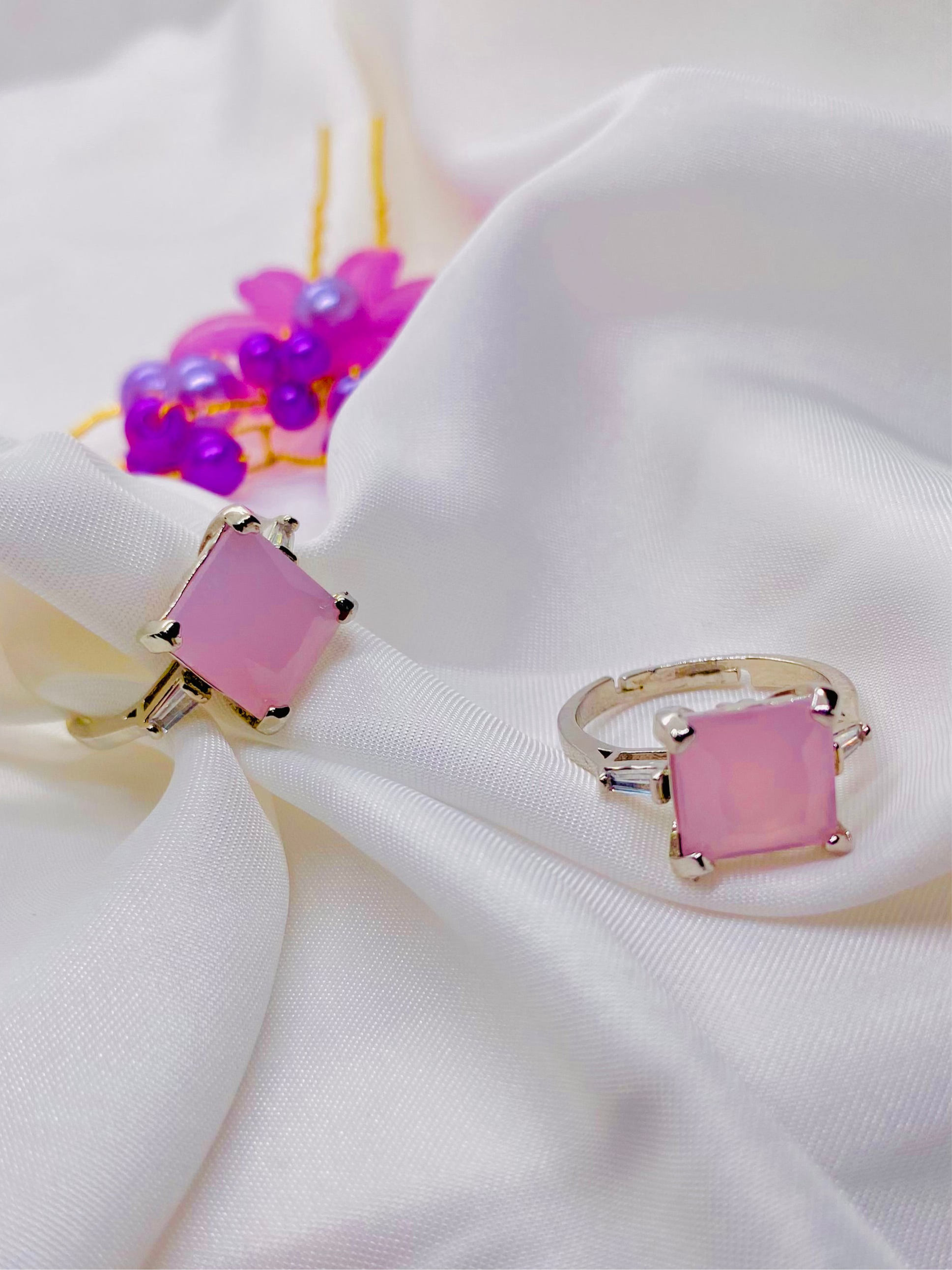 Soft Blush Pink Stone Rings in Silver Setting