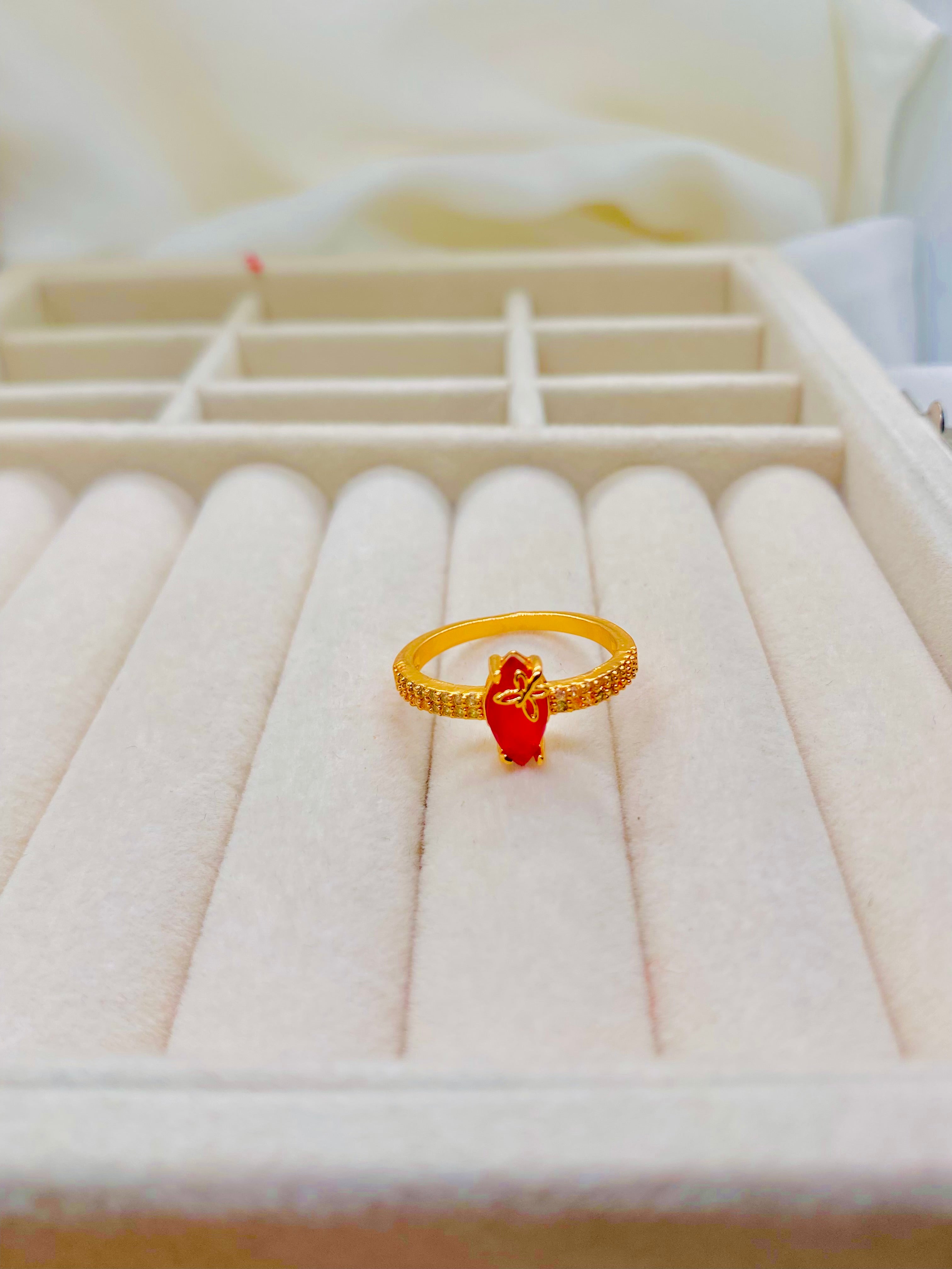 Golden Red Heart Ring with Butterfly Accent
