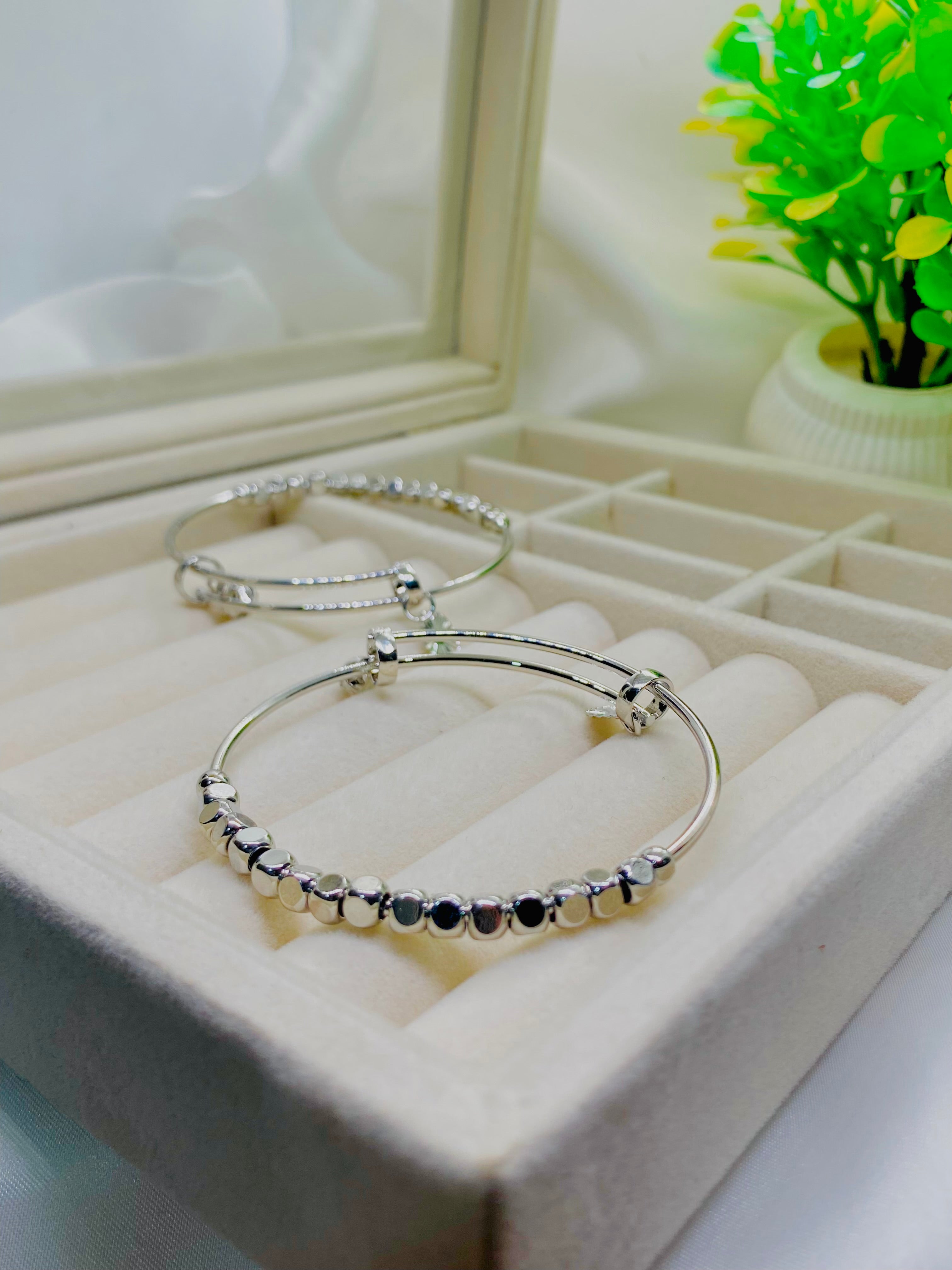 Lunar Bead Elegance Silver Bangle Duo