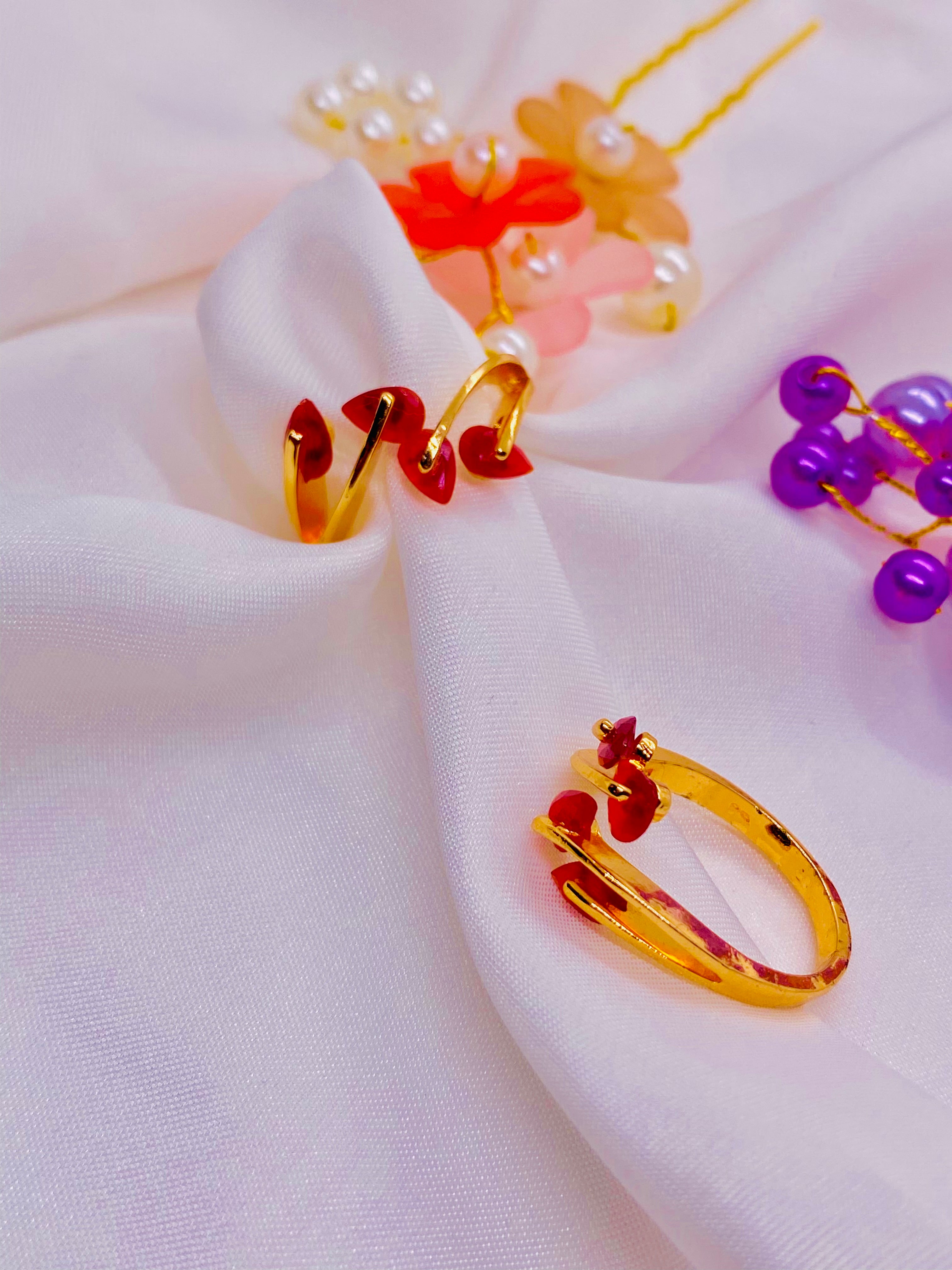 Red Floral Accent Gold Adjustable Ring