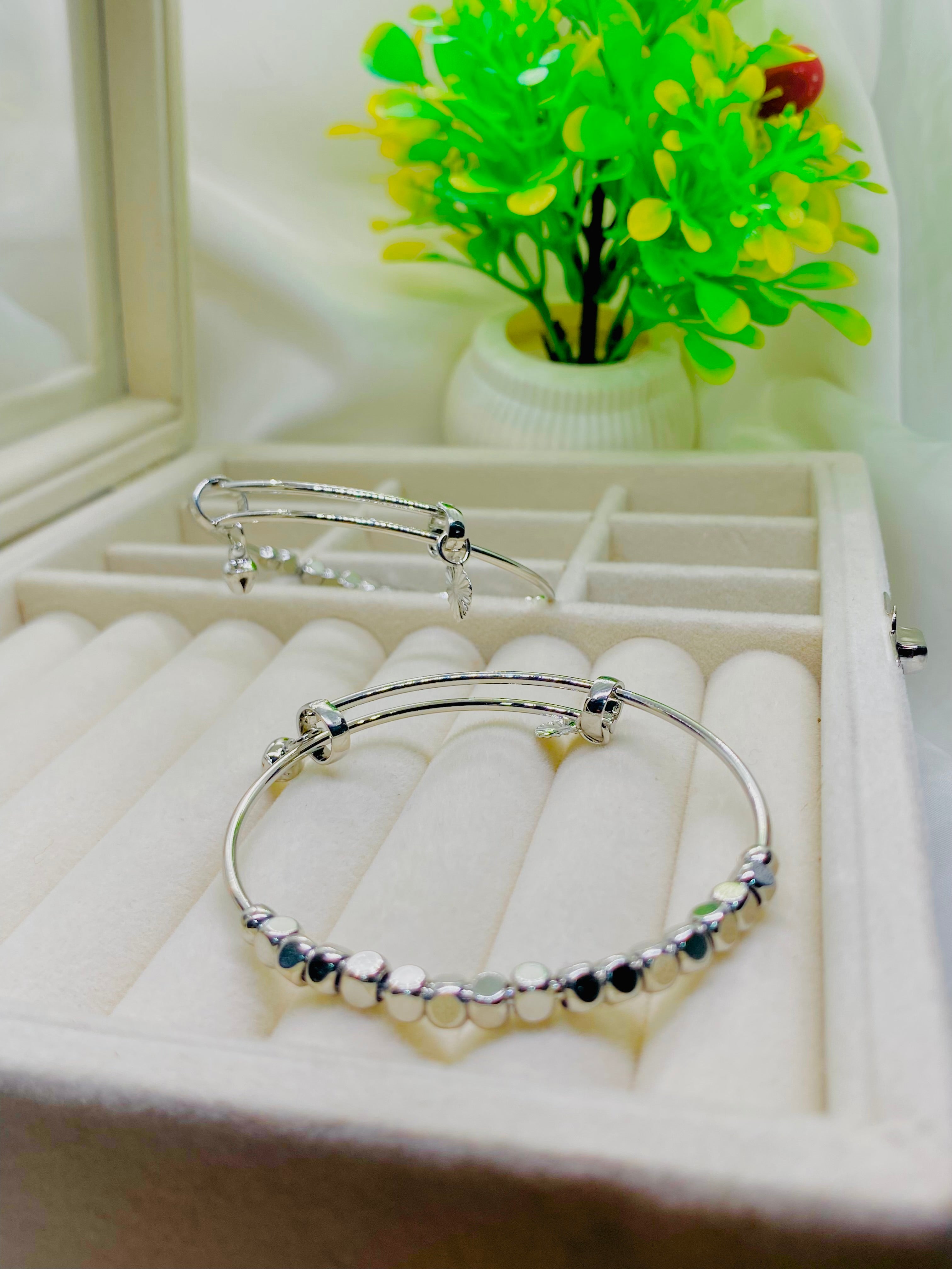 Lunar Bead Elegance Silver Bangle Duo