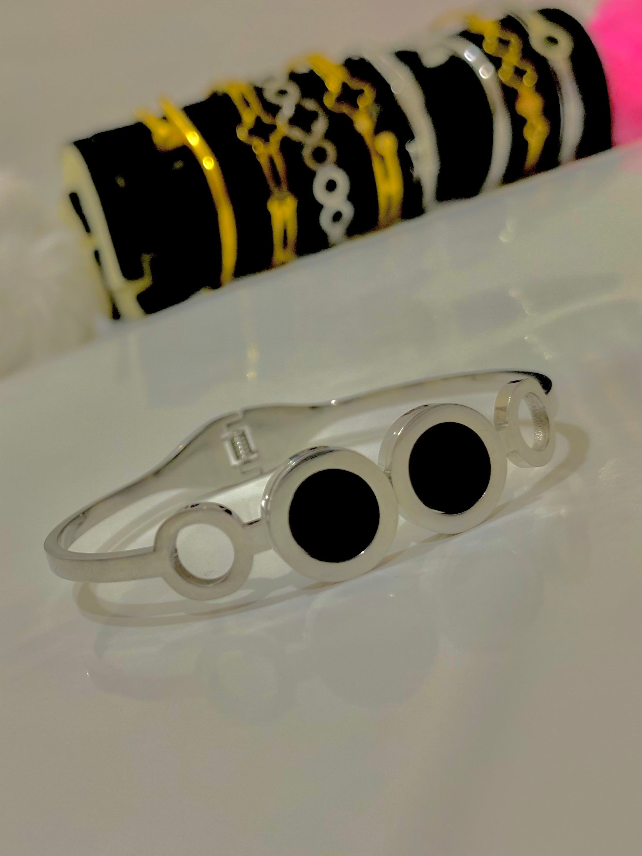 Elegant Silver and Black Circle Bracelet with Matching Bangles