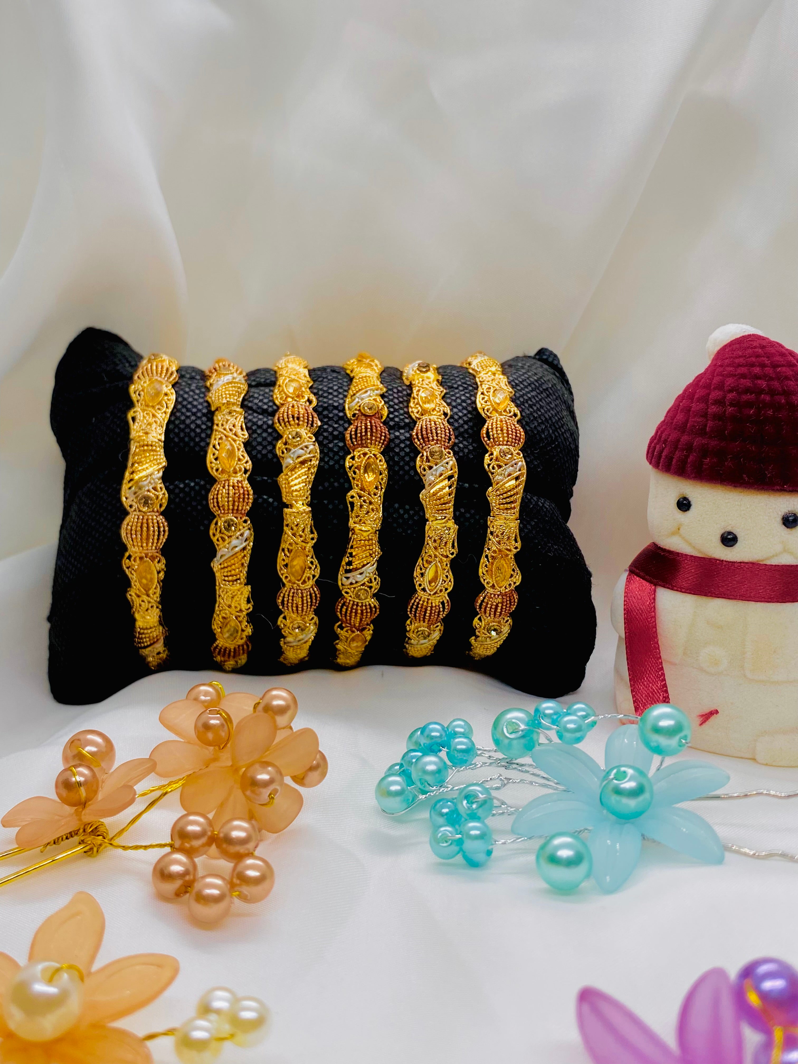 Classic Gold-Plated Bangles with Copper Bead Detailing – Set of Six