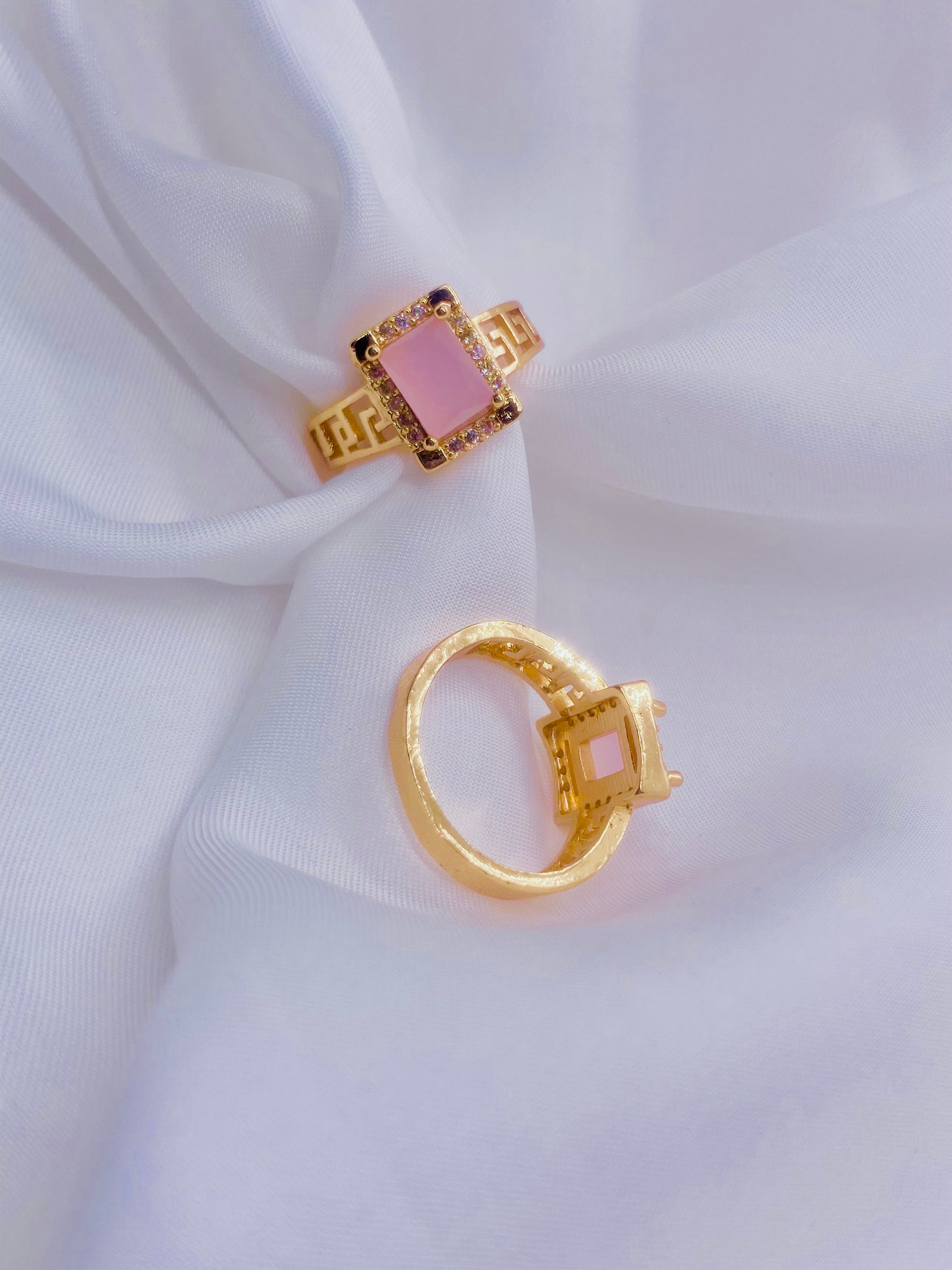 Elegant Gold-Plated Pink Stone Rings with Greek Key Design
