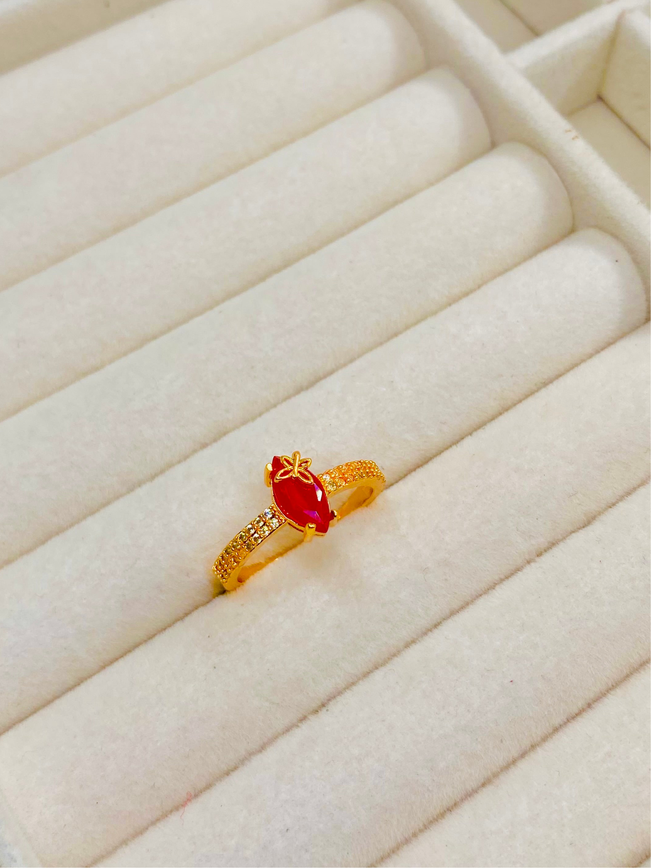 Golden Red Heart Ring with Butterfly Accent