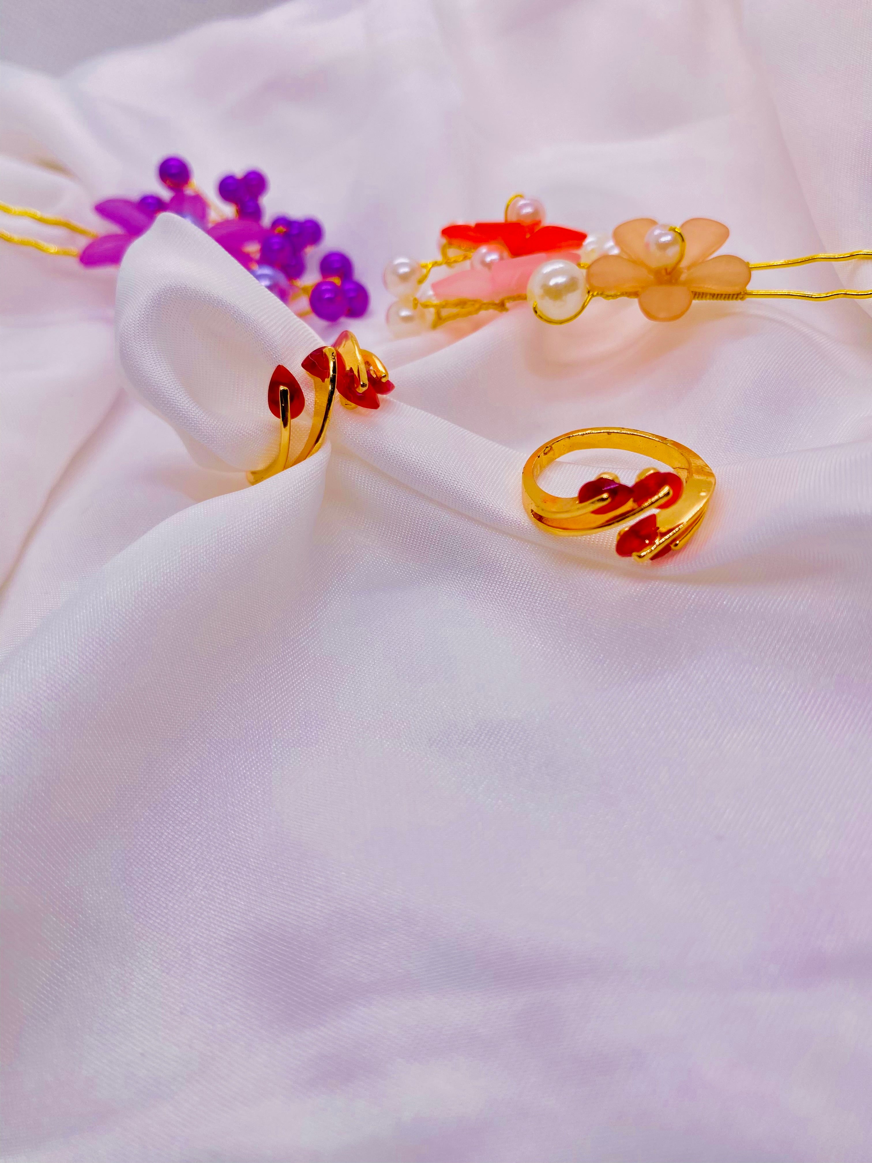 Red Floral Accent Gold Adjustable Ring