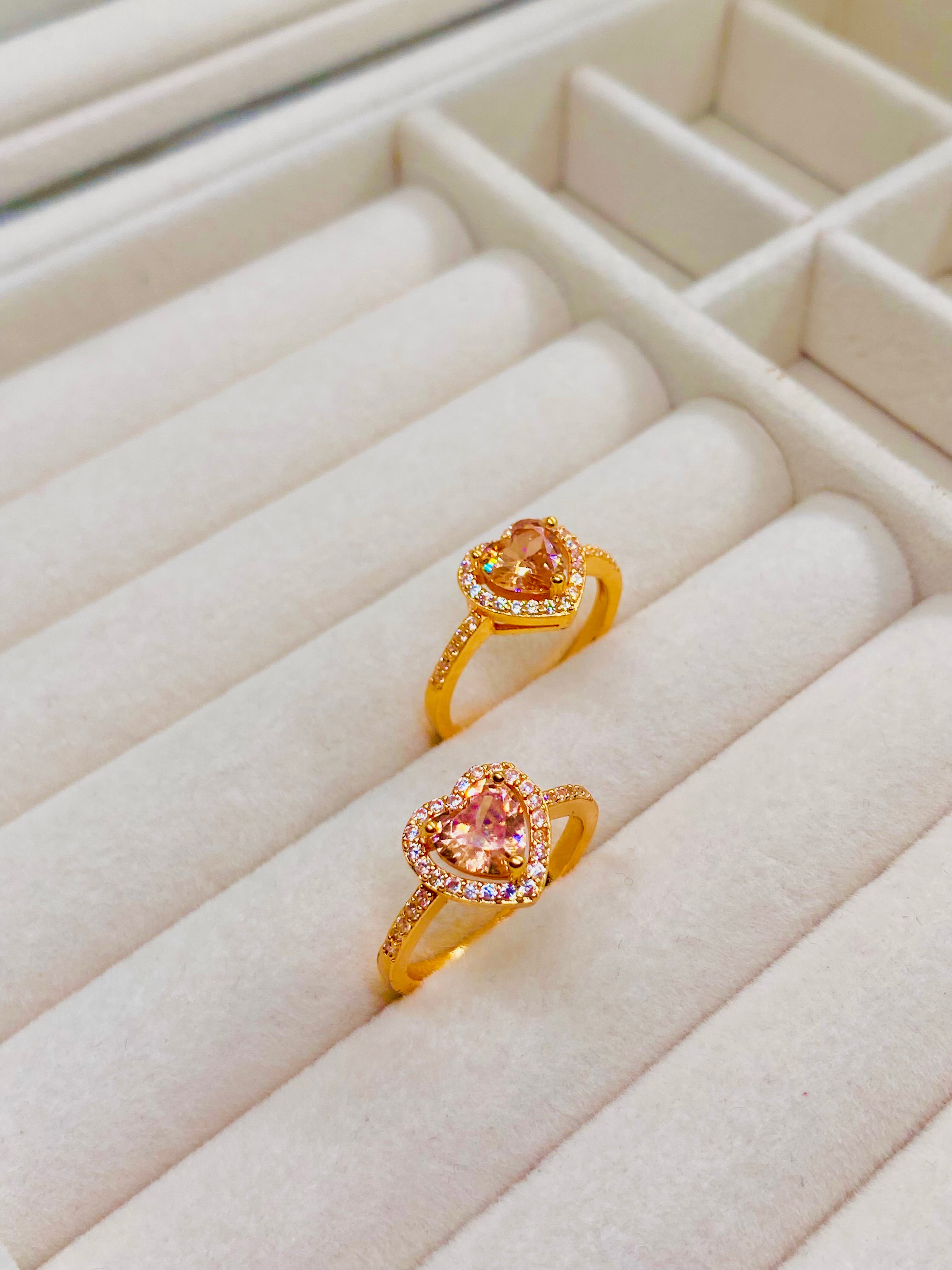 Romantic Gold-Plated Heart Rings with Pink Crystal Center