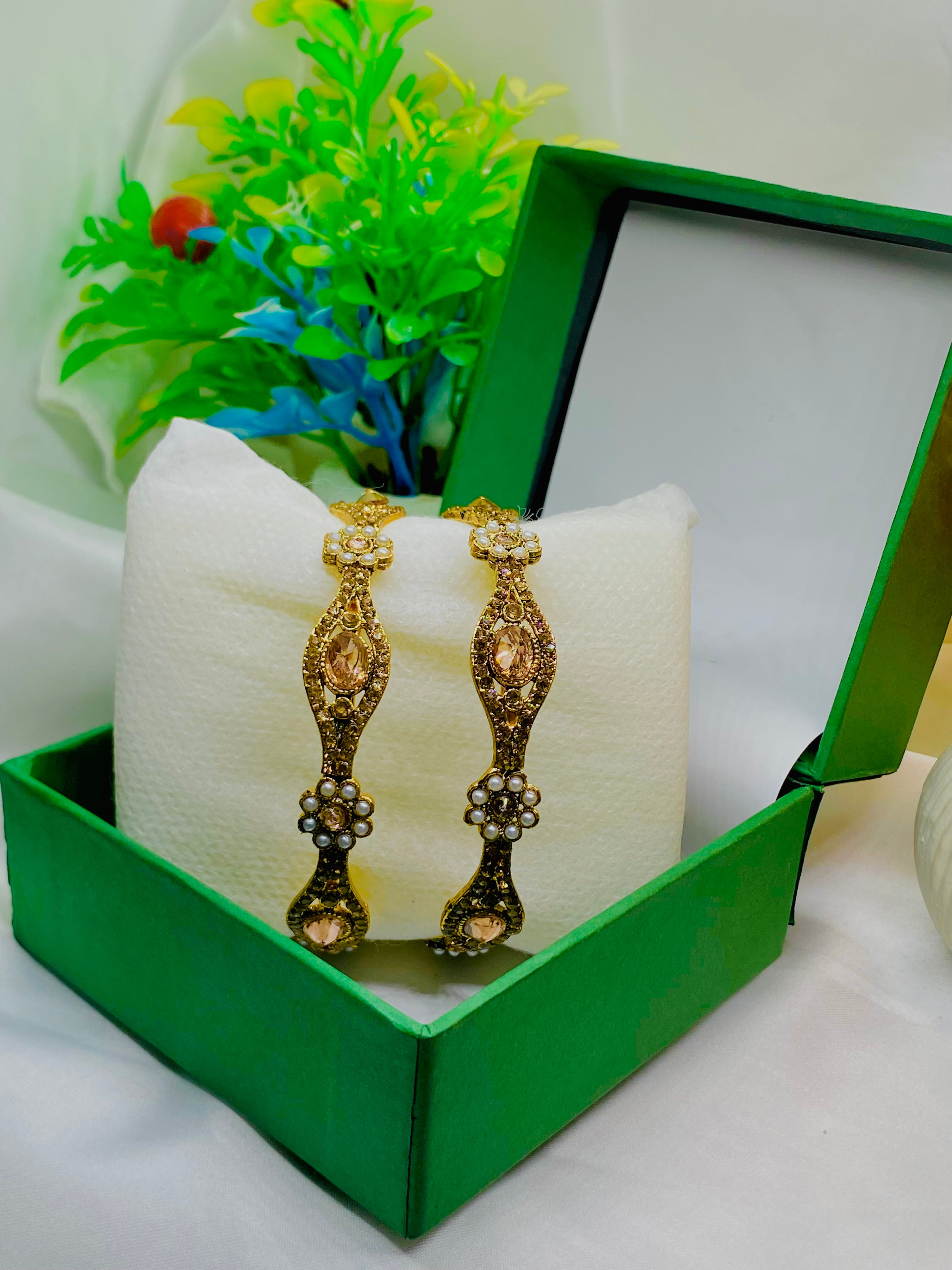 Vintage Floral Pearl Bangles with Champagne Stones
