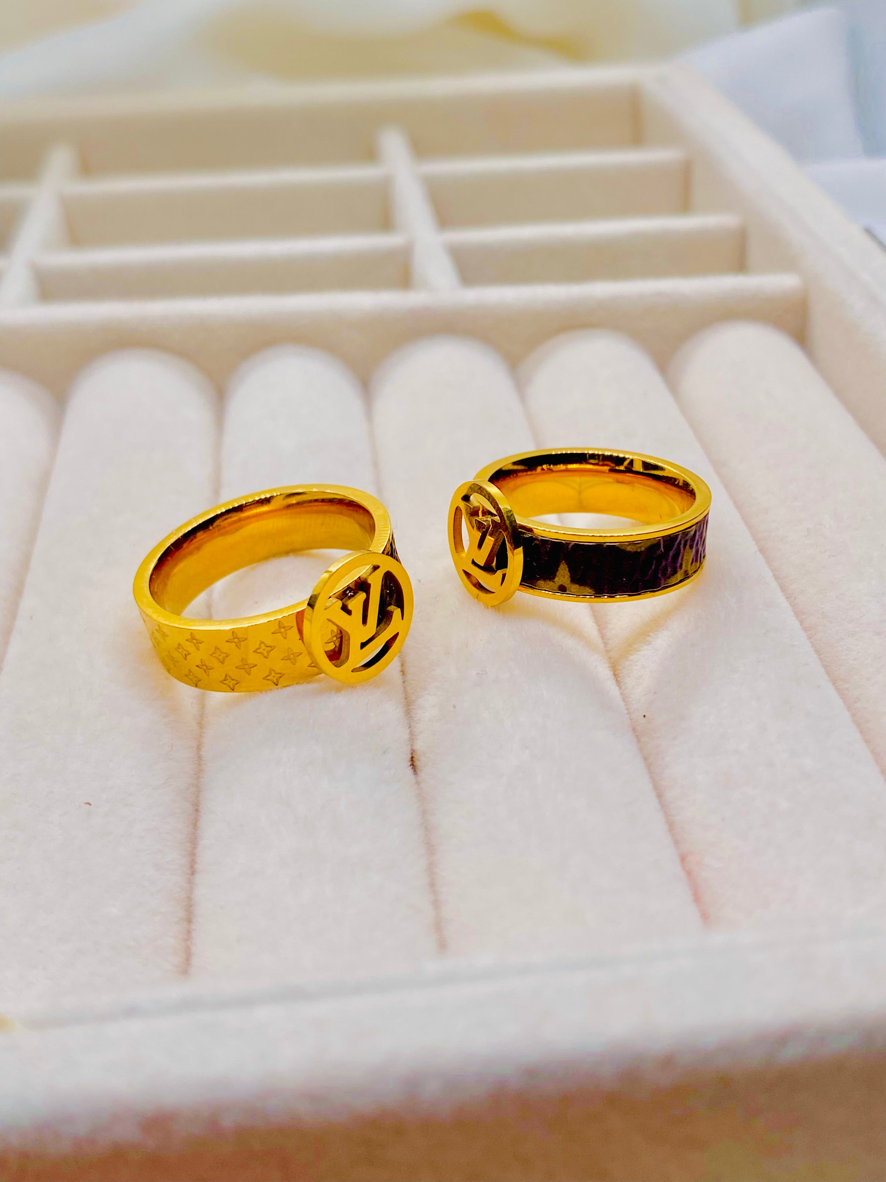 Louis Vuitton-Inspired Gold Rings with Signature LV Monogram