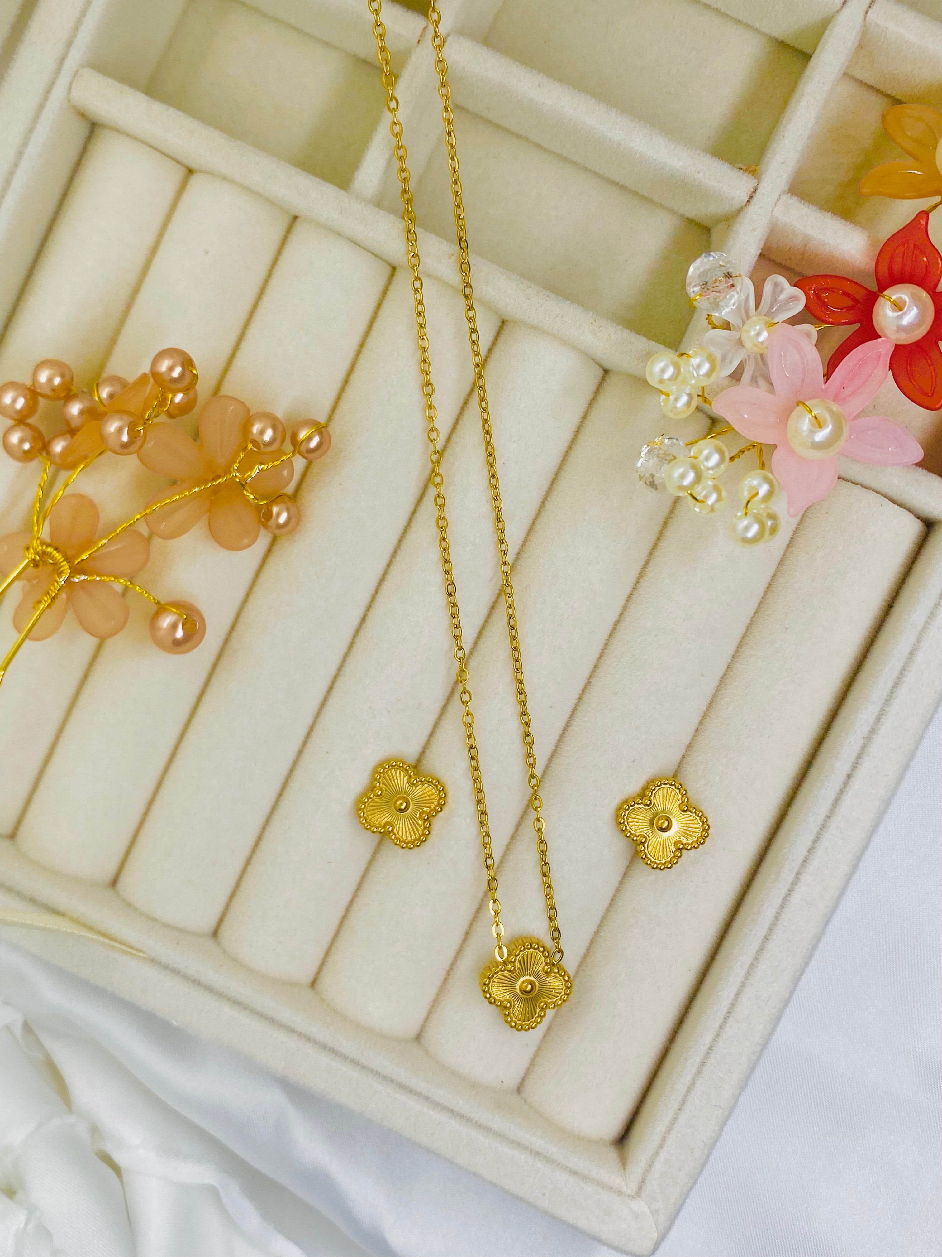 Elegant Floral-Inspired Gold Pendant and Earring Set