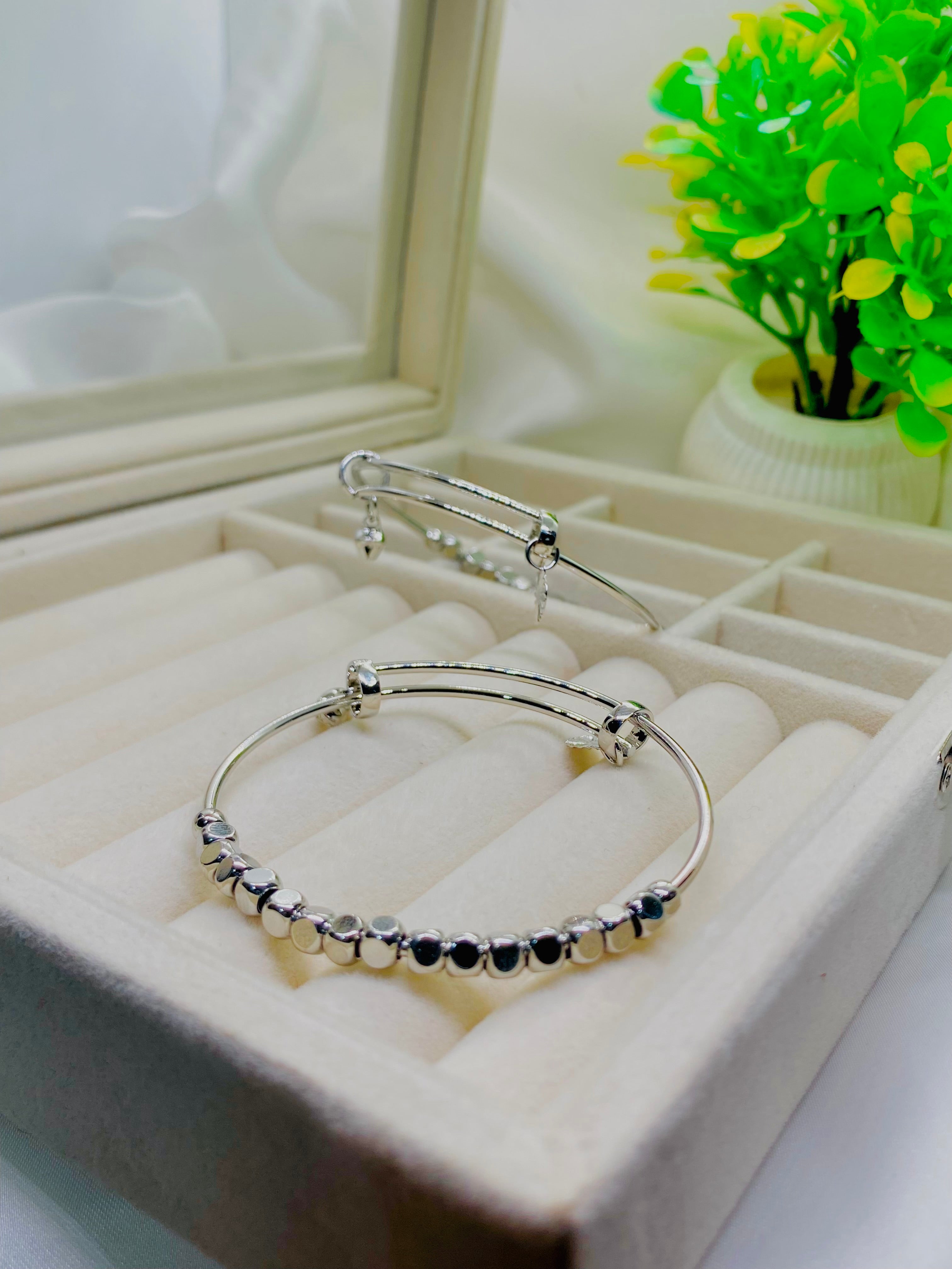 Lunar Bead Elegance Silver Bangle Duo