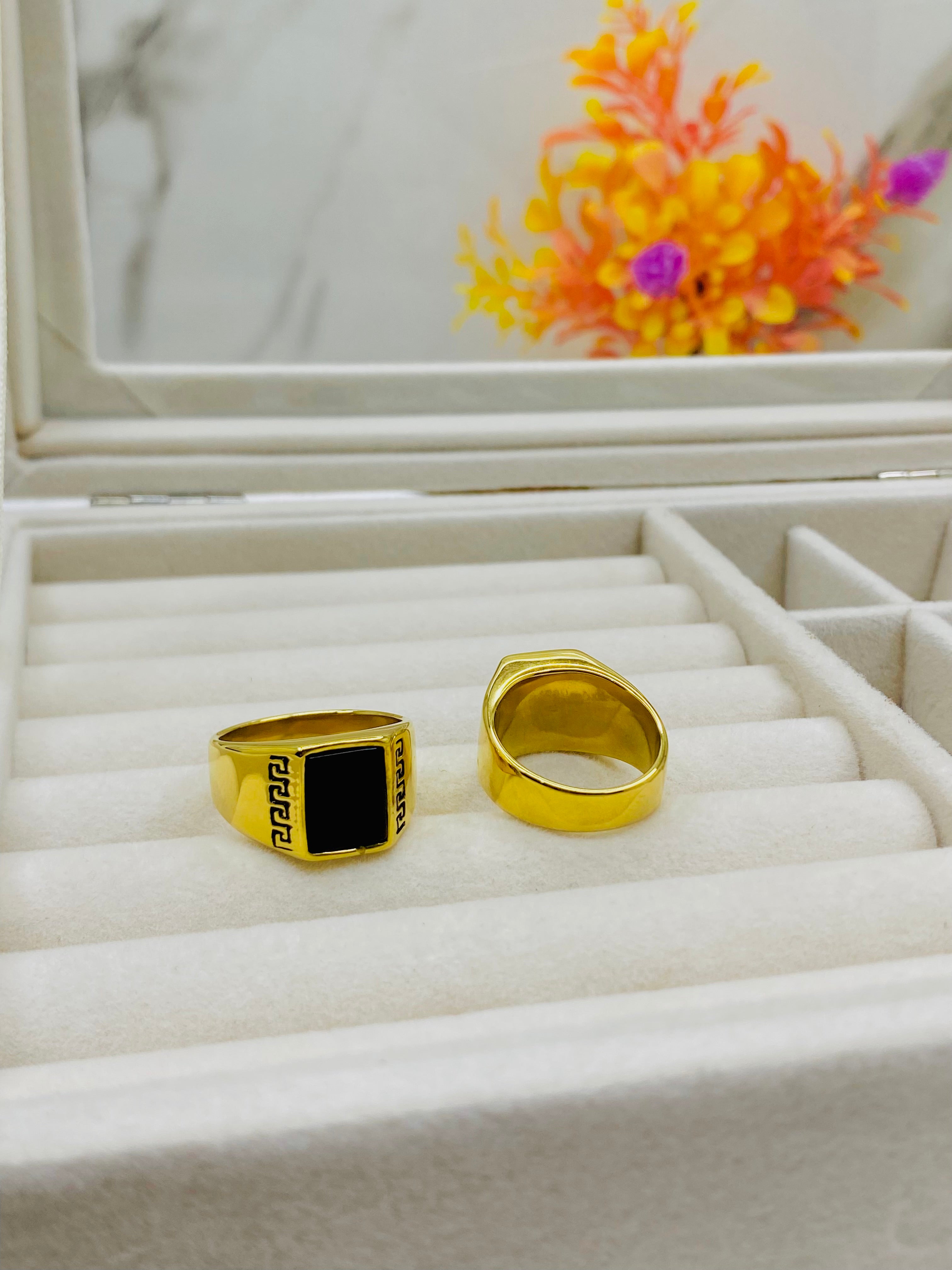 Bold Gold Square Onyx Rings with Greek Key Detail