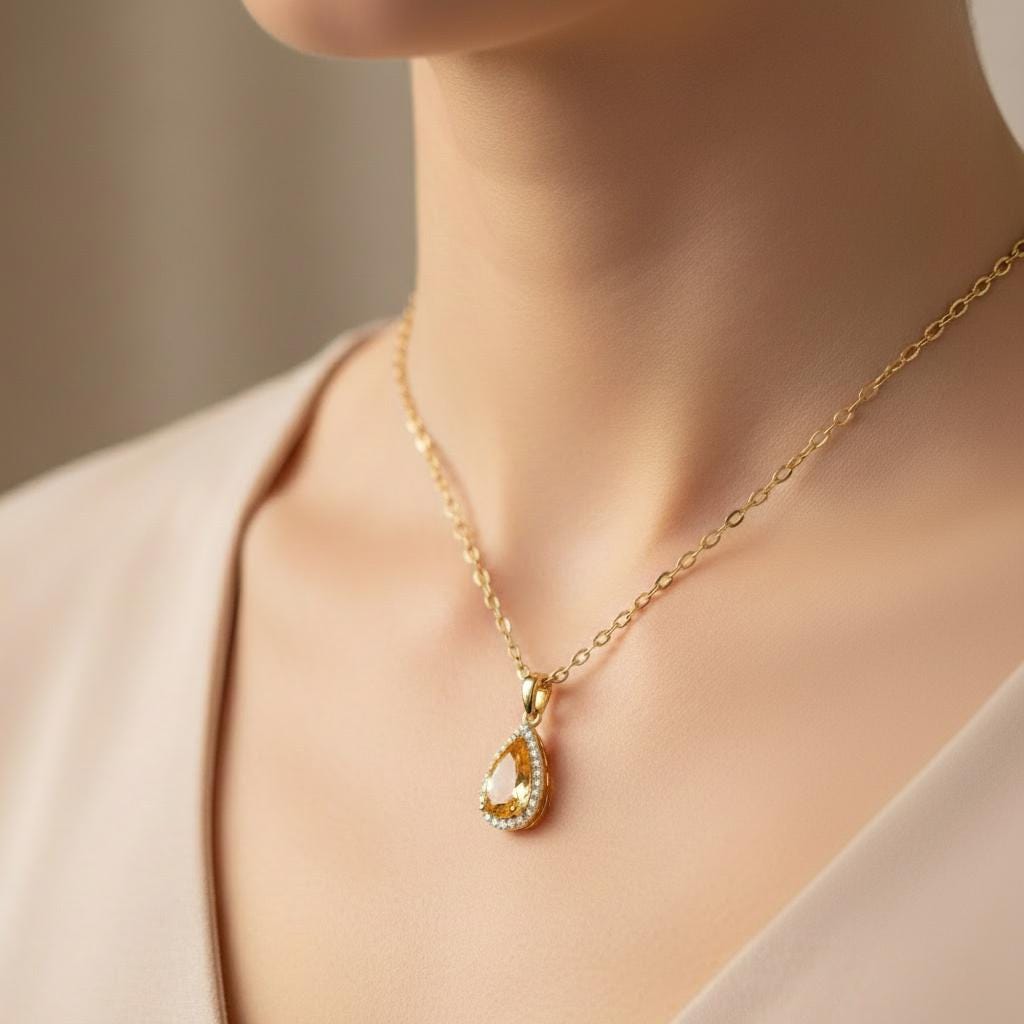 Teardrop Cut Peridot Pendant, 24k Halo Moissanite Jewelry